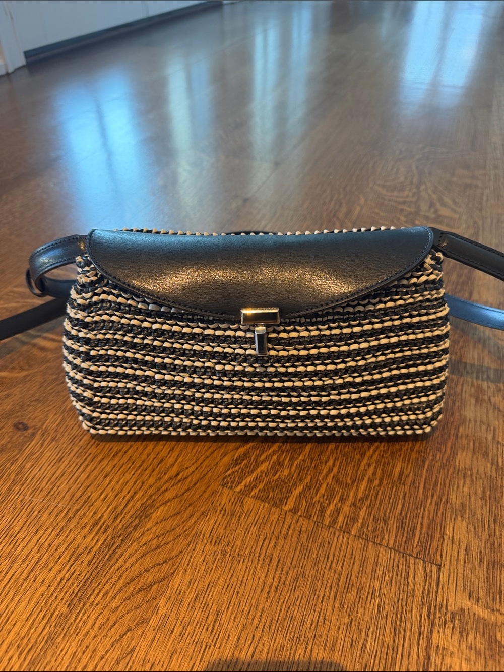 Toteme T Lock Black & White Woven Leather-Flap Crossbody- Like New